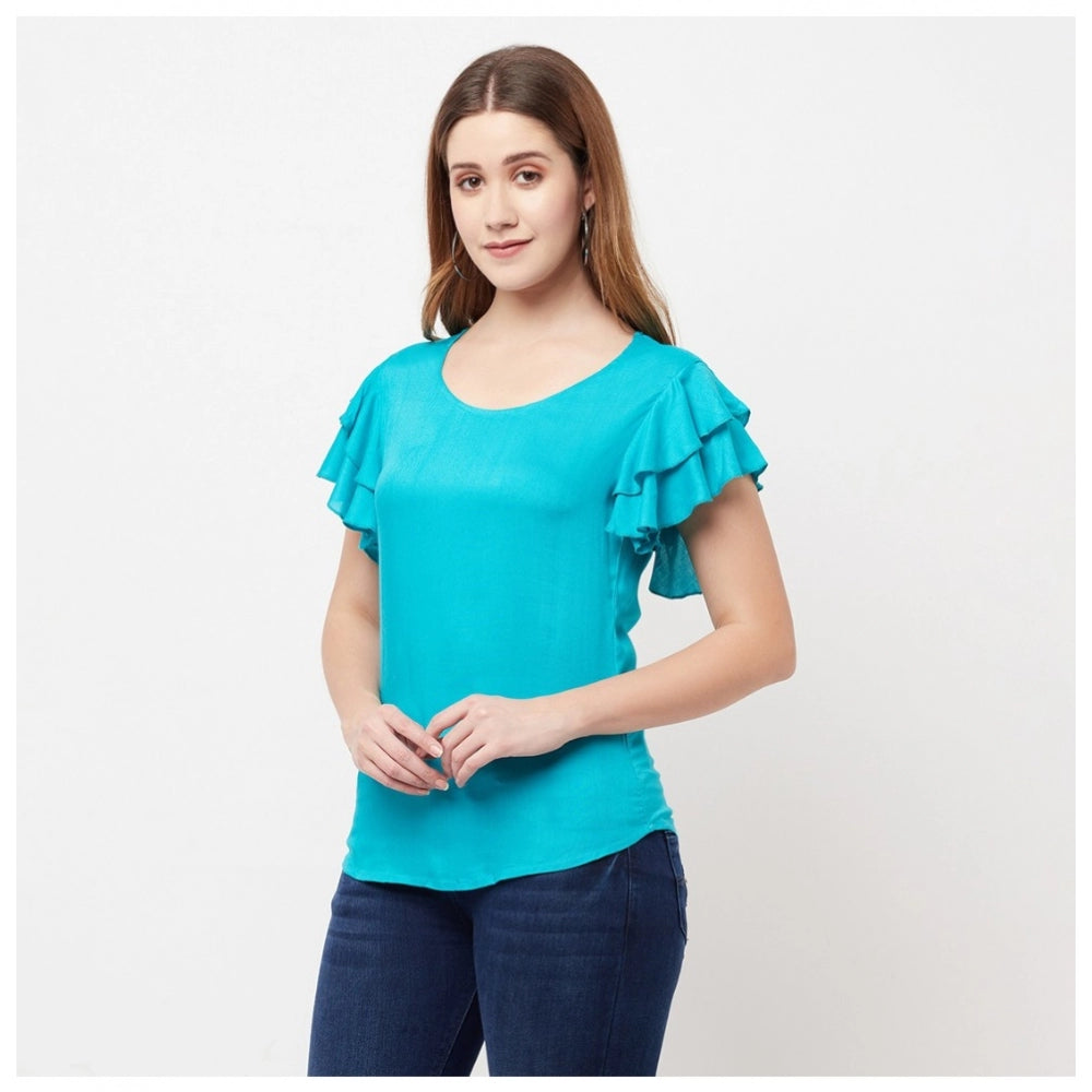 Women's Cotton Blend Solid Bell Sleeves Round Neck Regular Top (Light-Green) - GillKart