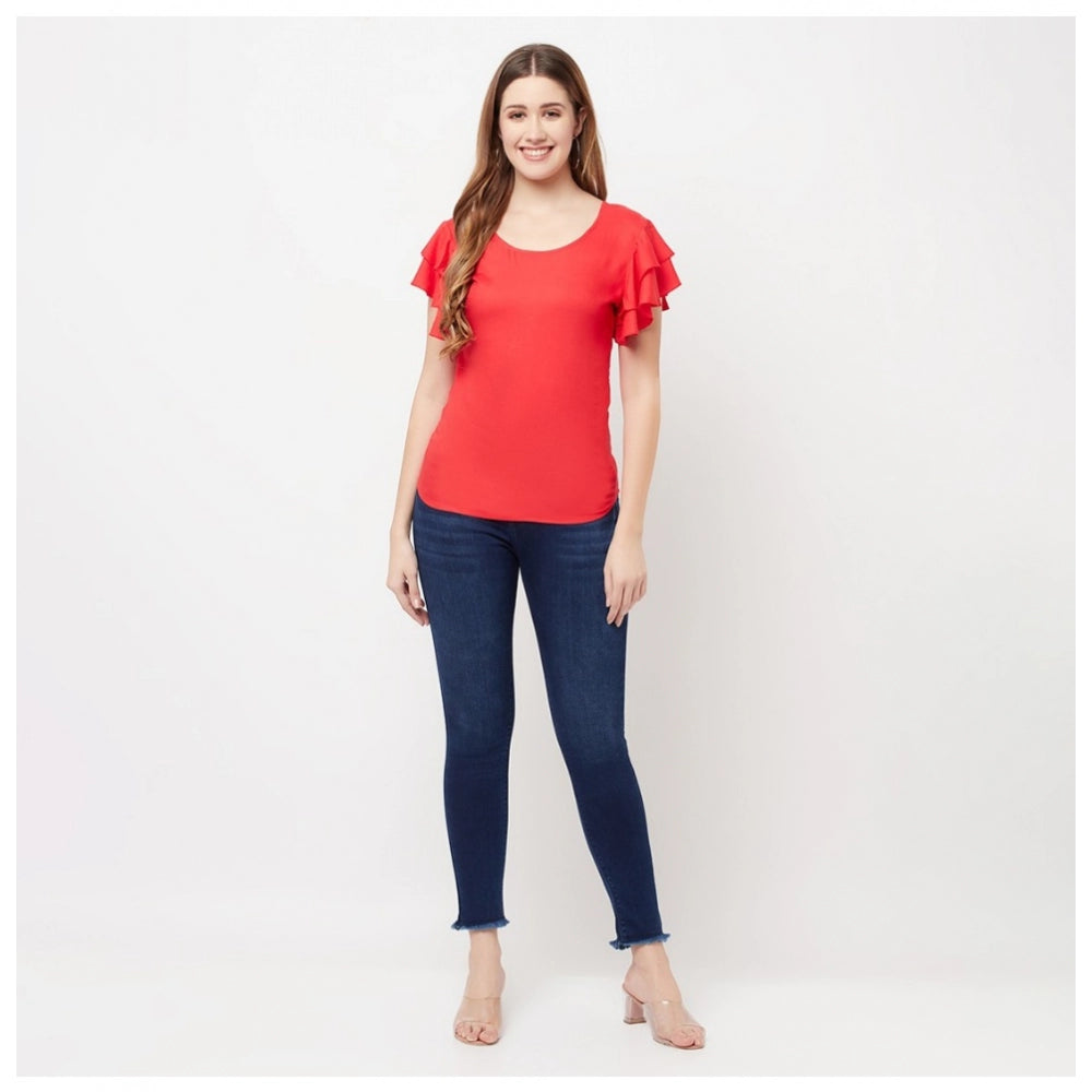 Women's Cotton Blend Solid Bell Sleeves Round Neck Regular Top (Red) - GillKart