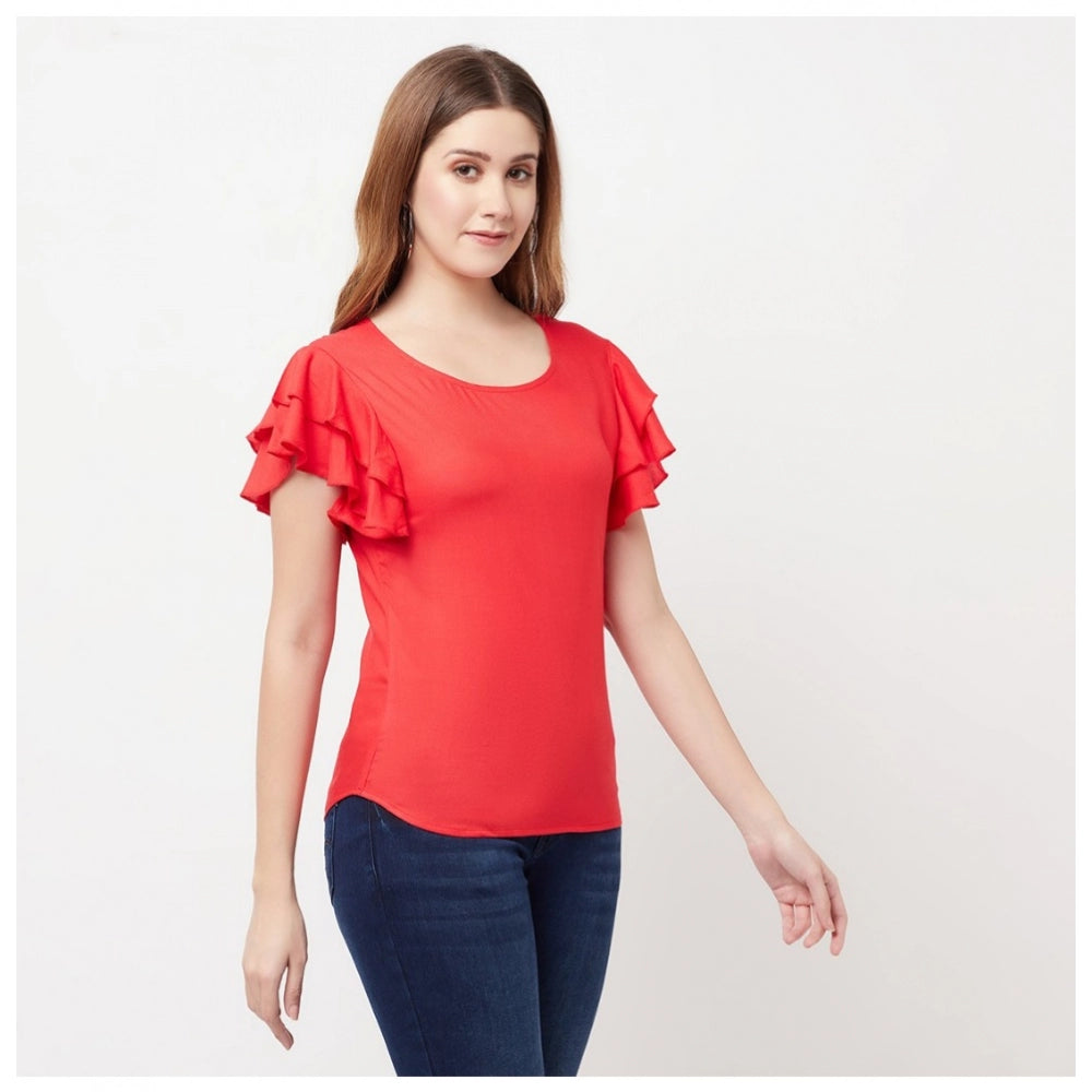 Women's Cotton Blend Solid Bell Sleeves Round Neck Regular Top (Red) - GillKart