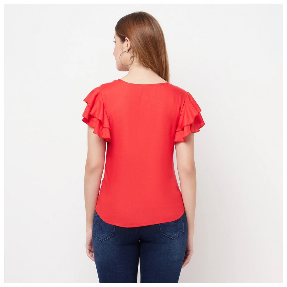 Women's Cotton Blend Solid Bell Sleeves Round Neck Regular Top (Red) - GillKart