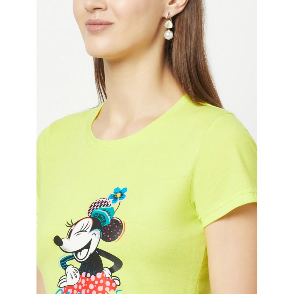 Women's Cotton Blend Printed Regular Sleeves Round Neck Regular Top (Light-Green) - GillKart