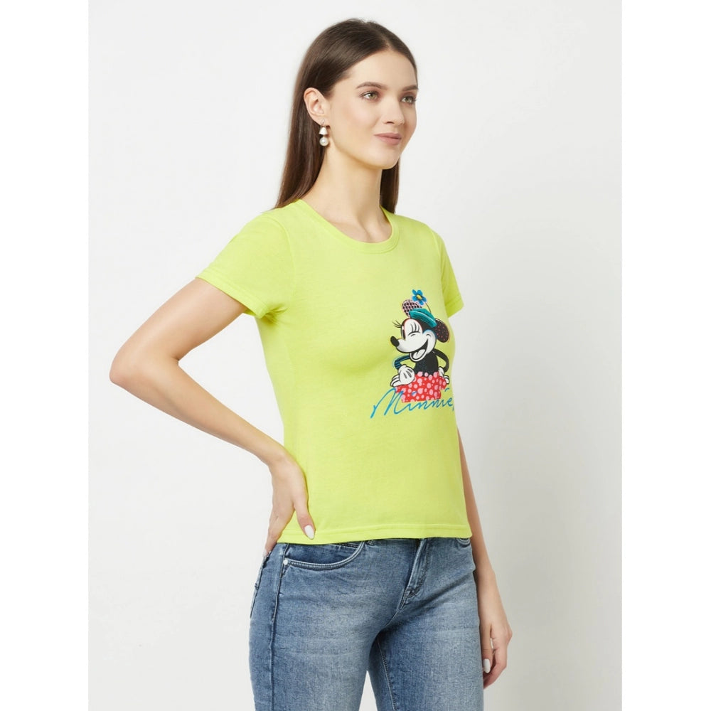 Women's Cotton Blend Printed Regular Sleeves Round Neck Regular Top (Light-Green) - GillKart