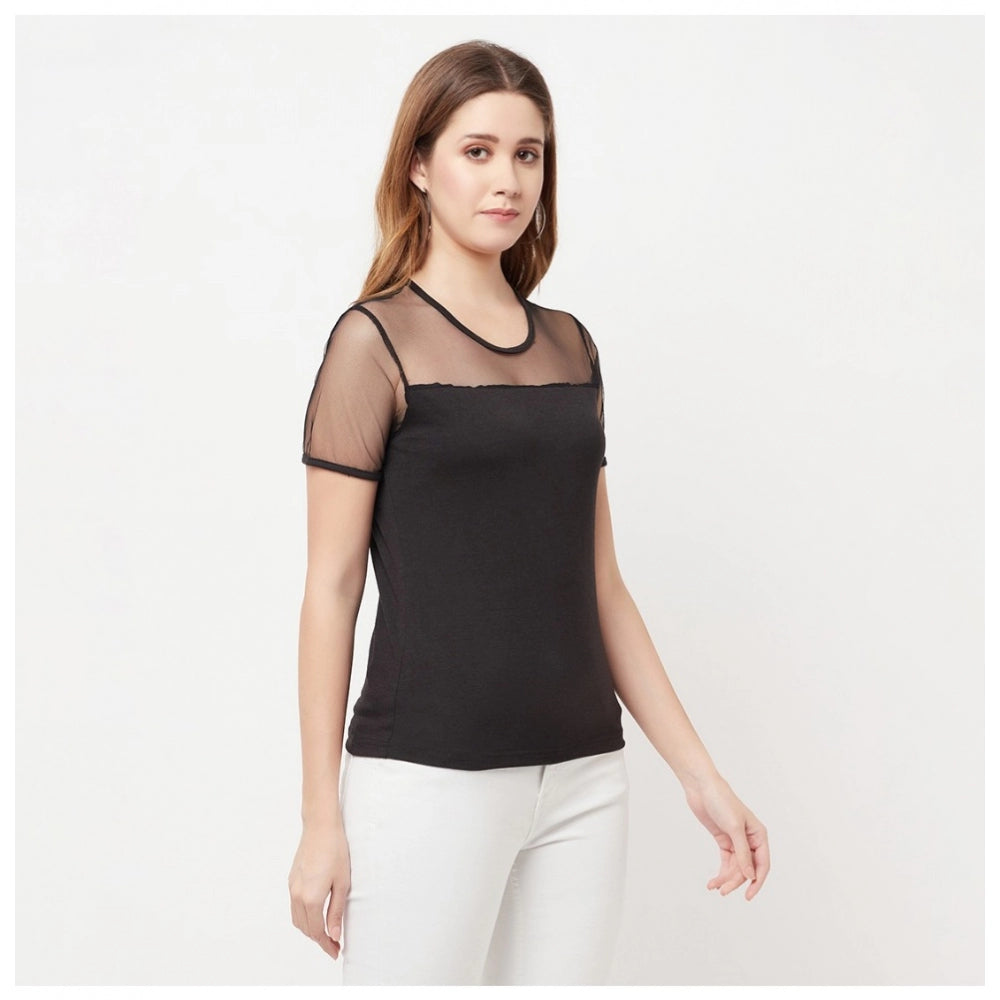 Women's Cotton Blend Solid Regular Sleeves Round Neck Regular Top (Black) - GillKart