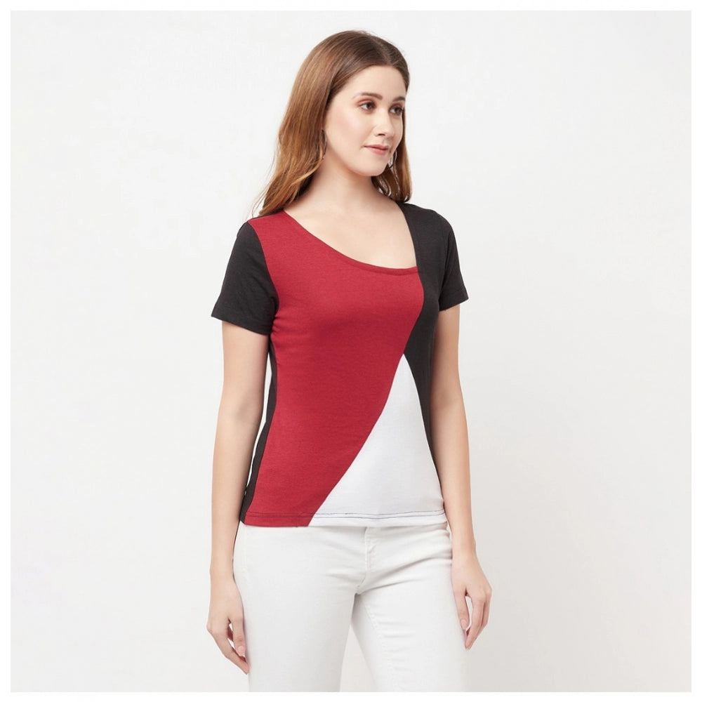 Women's Cotton Blend Color Block Regular Sleeves Asymmetric Neck Regular Top (Multicolor) - GillKart