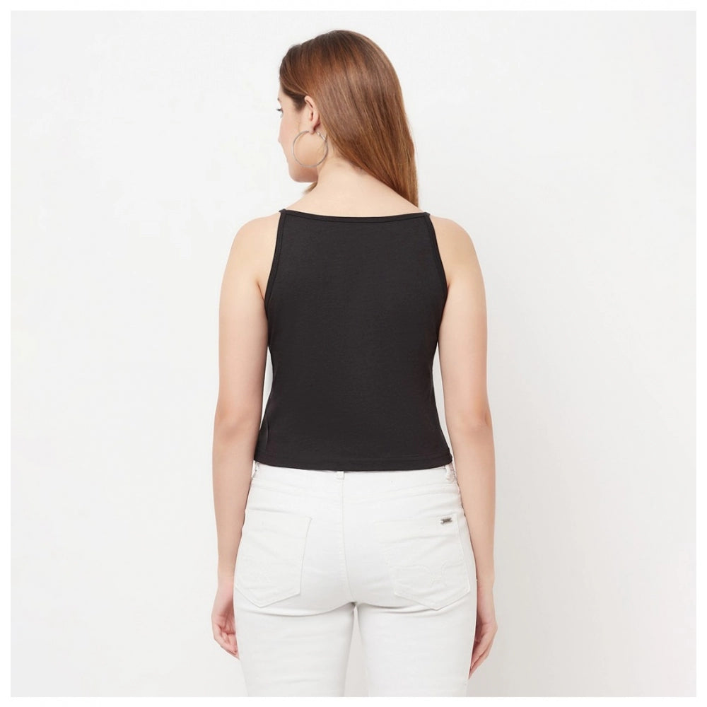 Women's Cotton Blend Solid Noodle Straps Round Neck Regular Top (Black) - GillKart