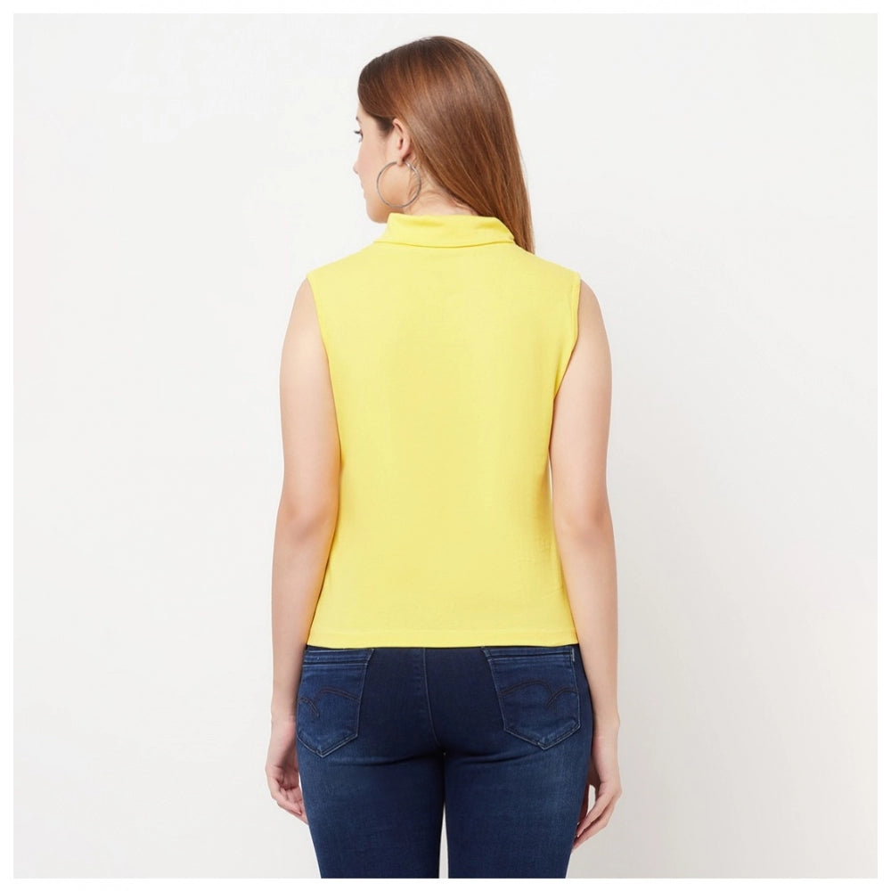 Women's Cotton Blend Solid Sleeveless High Neck Regular Top (Yellow) - GillKart