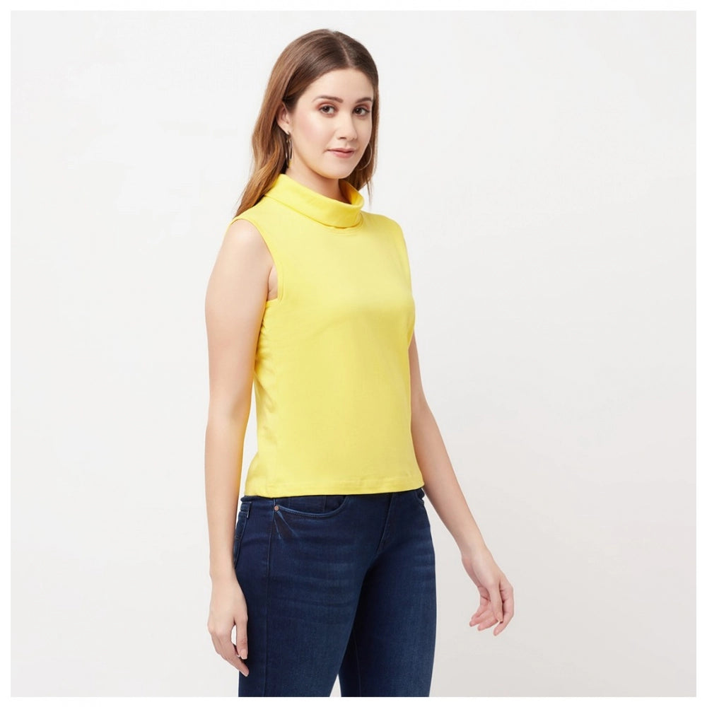 Women's Cotton Blend Solid Sleeveless High Neck Regular Top (Yellow) - GillKart