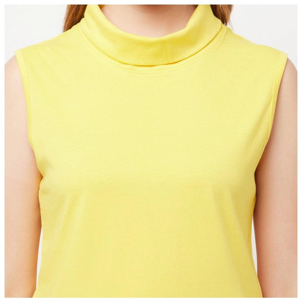 Women's Cotton Blend Solid Sleeveless High Neck Regular Top (Yellow) - GillKart