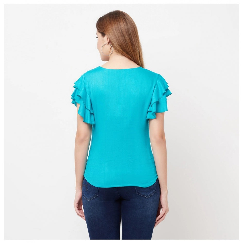 Women's Cotton Blend Solid Bell Sleeves Round Neck Regular Top (Light-Green) - GillKart