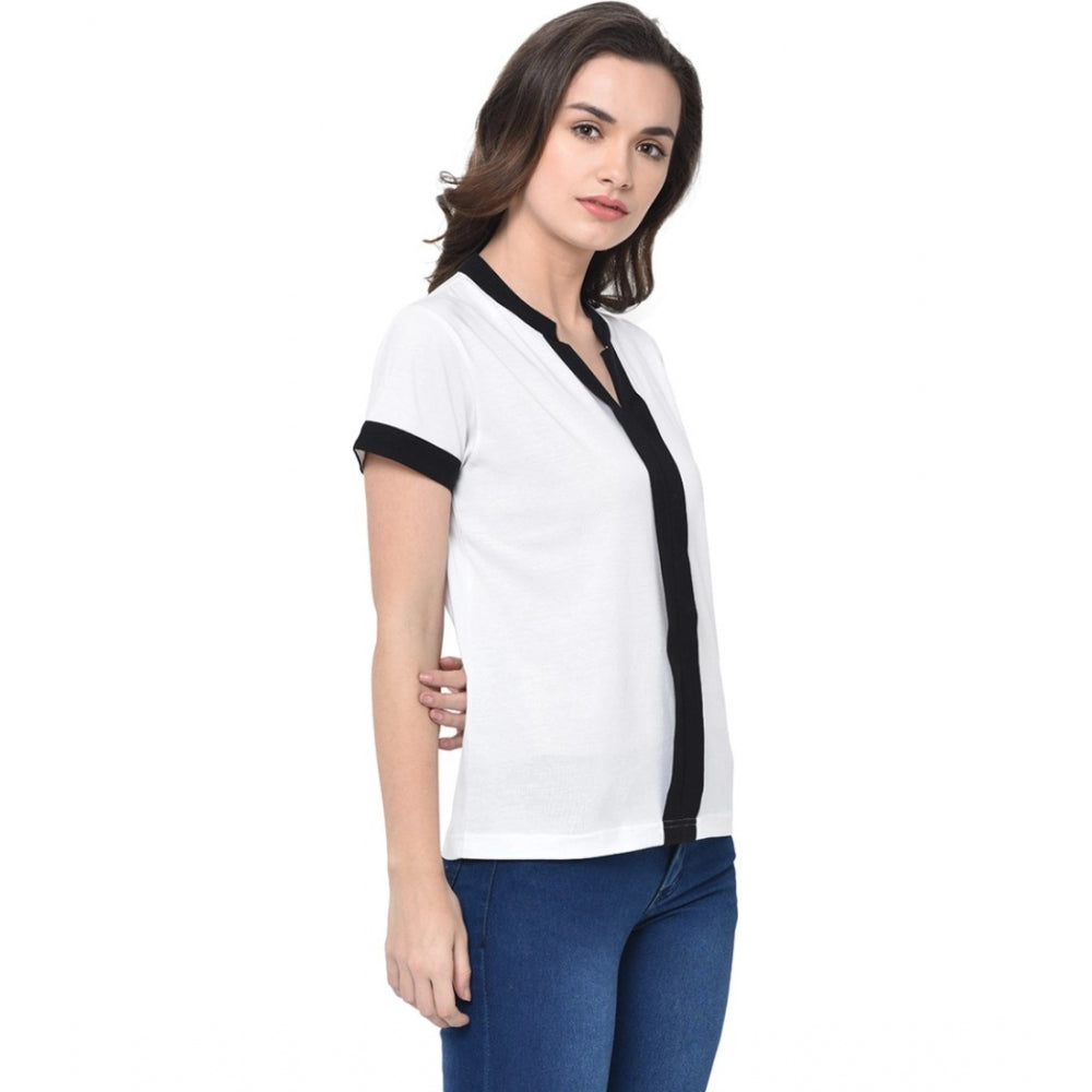 Women's Cotton Blend Solid Regular Sleeves V-Neck Regular Top (White) - GillKart