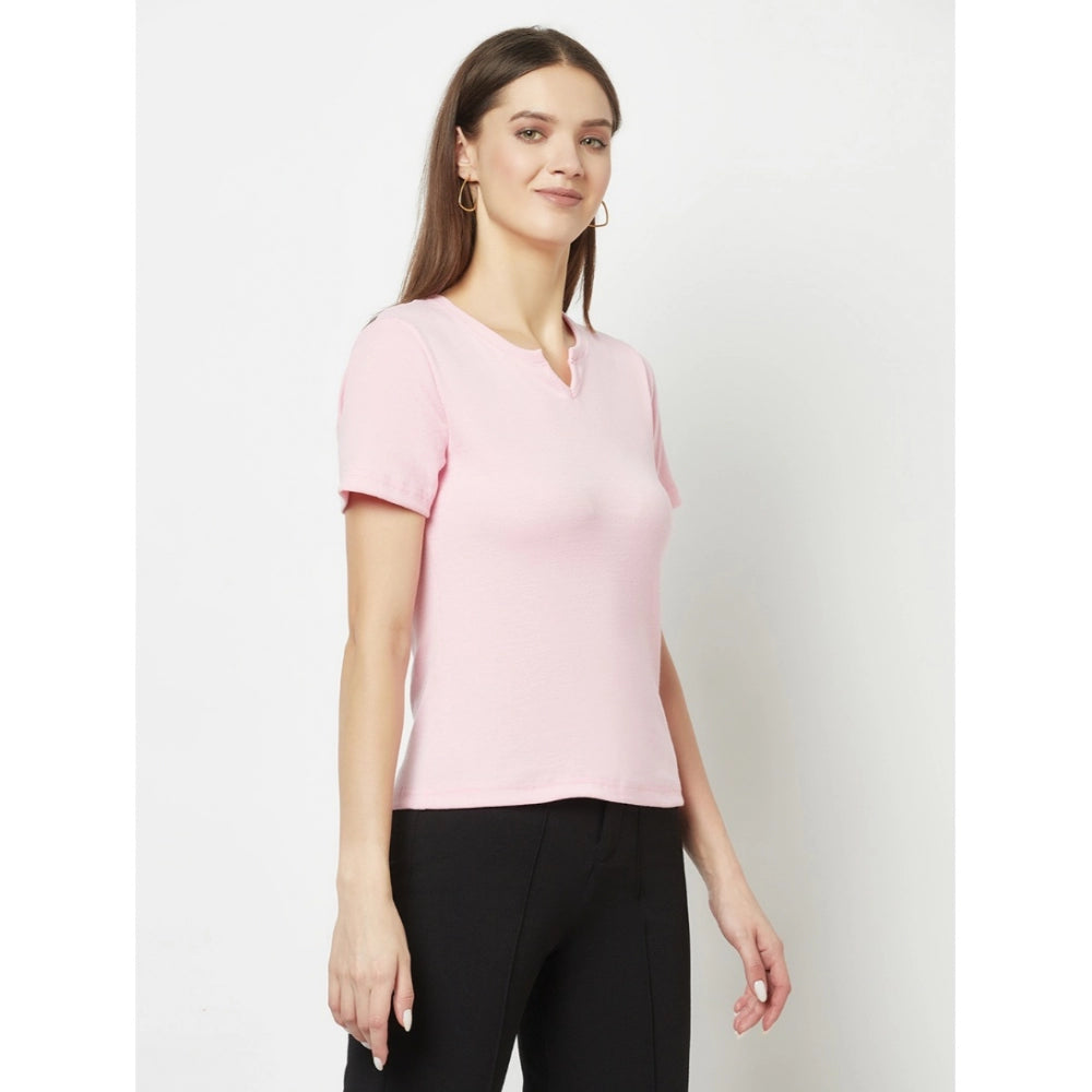 Women's Cotton Blend Self Design Regular Sleeves V-Neck Regular Top (Pink) - GillKart