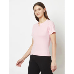 Women's Cotton Blend Self Design Regular Sleeves V-Neck Regular Top (Pink) - GillKart