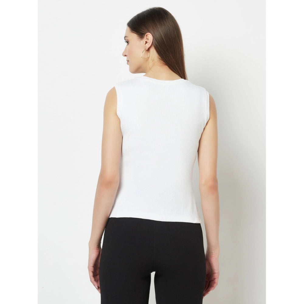 Women's Cotton Blend Solid Sleeveless Round Neck Regular Top (White) - GillKart