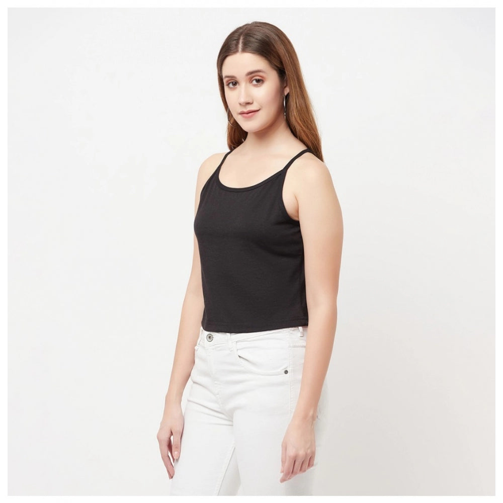 Women's Cotton Blend Solid Noodle Straps Round Neck Regular Top (Black) - GillKart