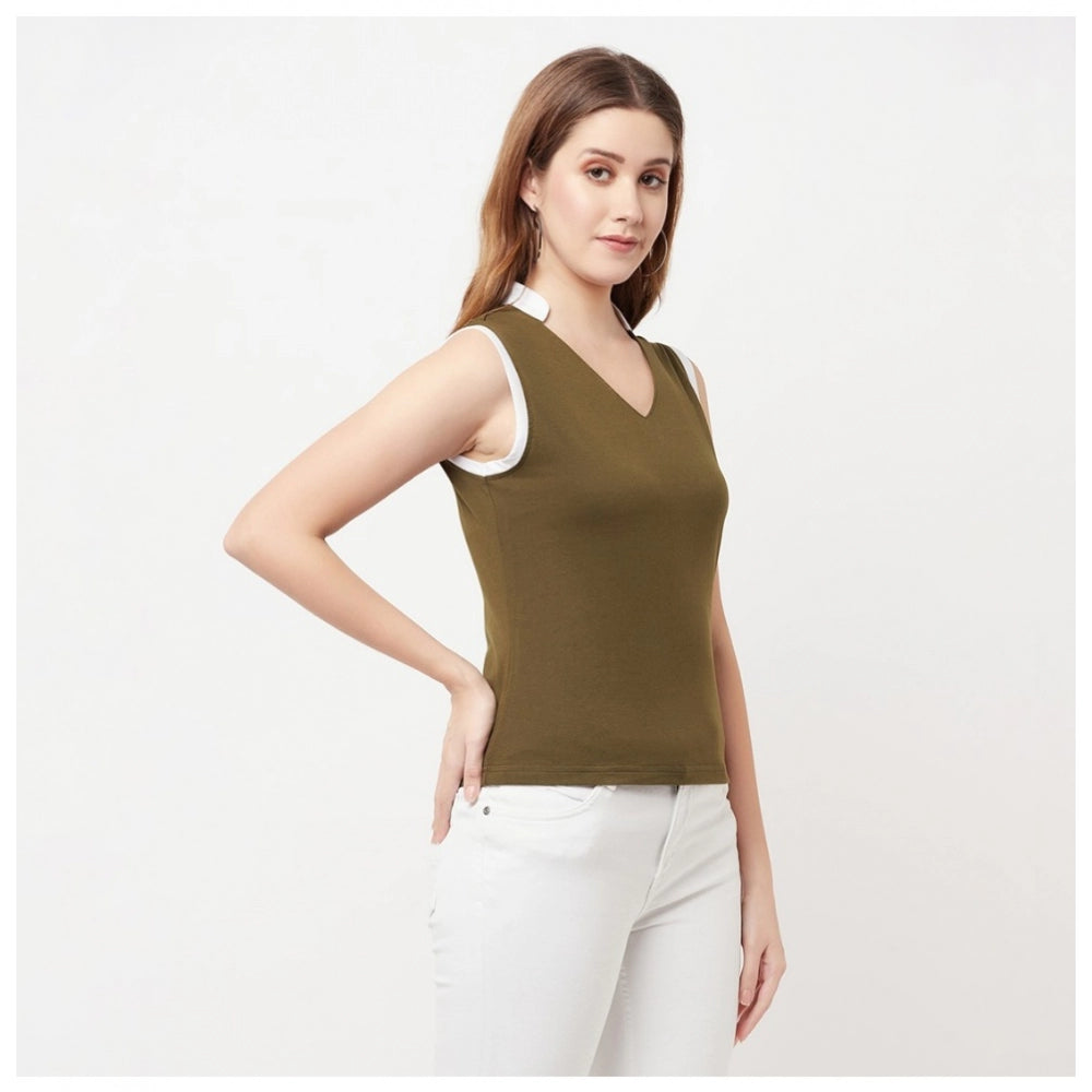 Women's Cotton Blend Color Block Sleeveless V-Neck Regular Top (Green) - GillKart