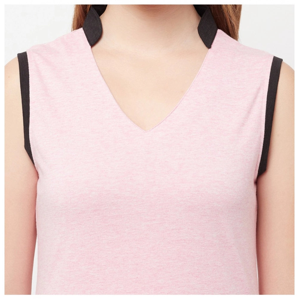 Women's Cotton Blend Color Block Sleeveless V-Neck Regular Top (Pink) - GillKart