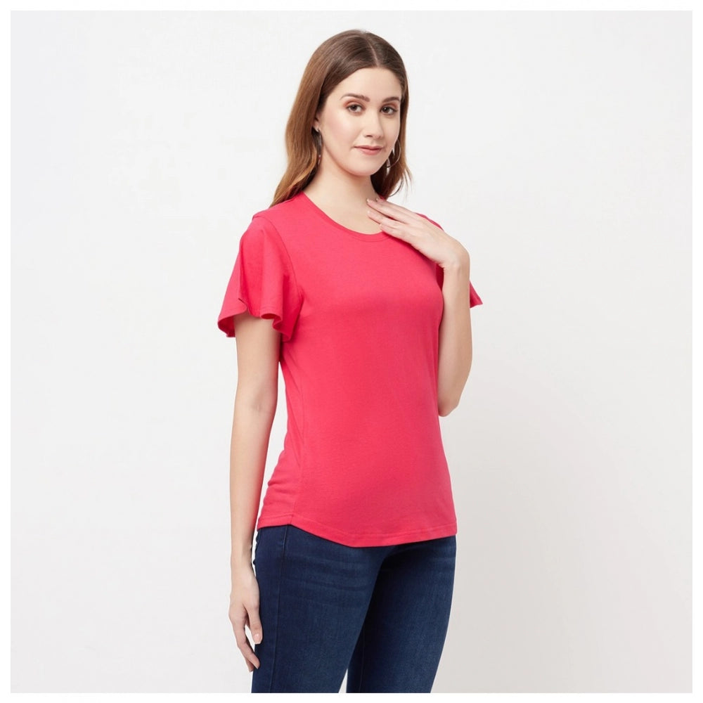 Women's Cotton Blend Solid Bell Sleeves Round Neck Regular Top (Pink) - GillKart