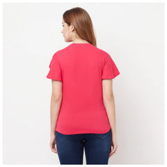 Women's Cotton Blend Solid Bell Sleeves Round Neck Regular Top (Pink) - GillKart