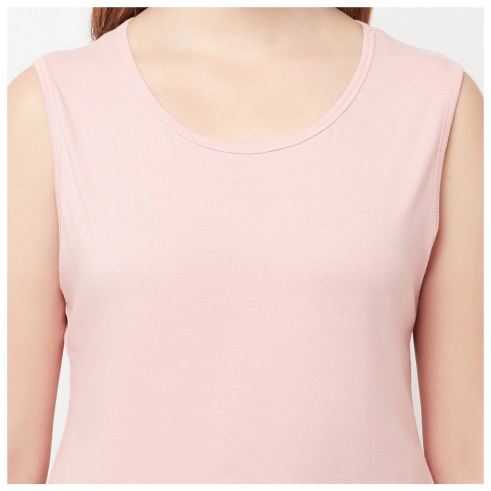 Women's Cotton Blend Solid Sleeveless Round Neck Regular Top (Pink) - GillKart