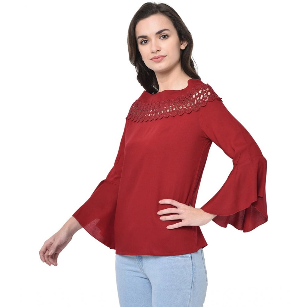 Women's Cotton Blend Solid Regular Sleeves Round Neck Regular Top (Maroon) - GillKart