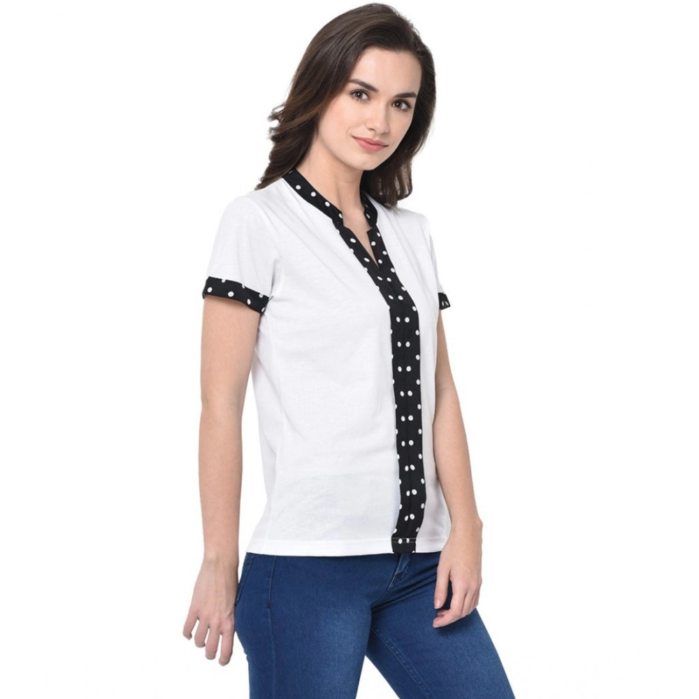 Women's Cotton Blend Solid Regular Sleeves V-Neck Regular Top (White) - GillKart