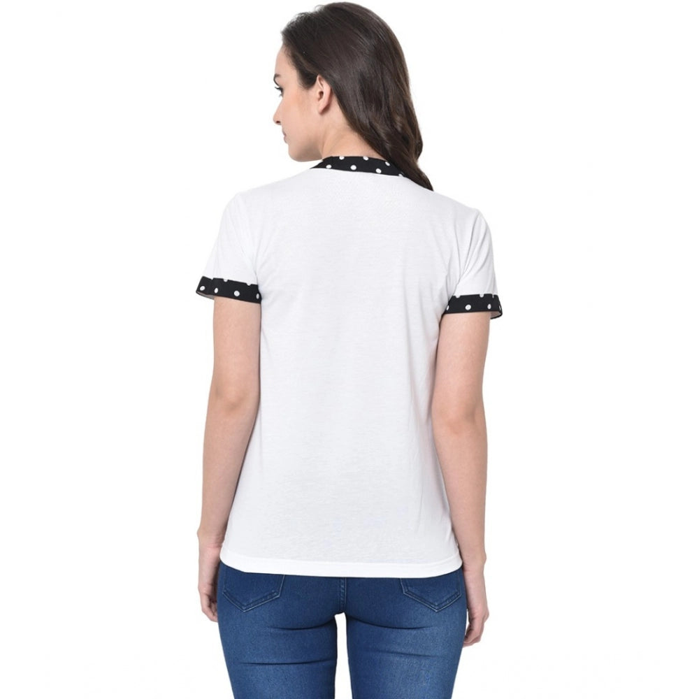 Women's Cotton Blend Solid Regular Sleeves V-Neck Regular Top (White) - GillKart