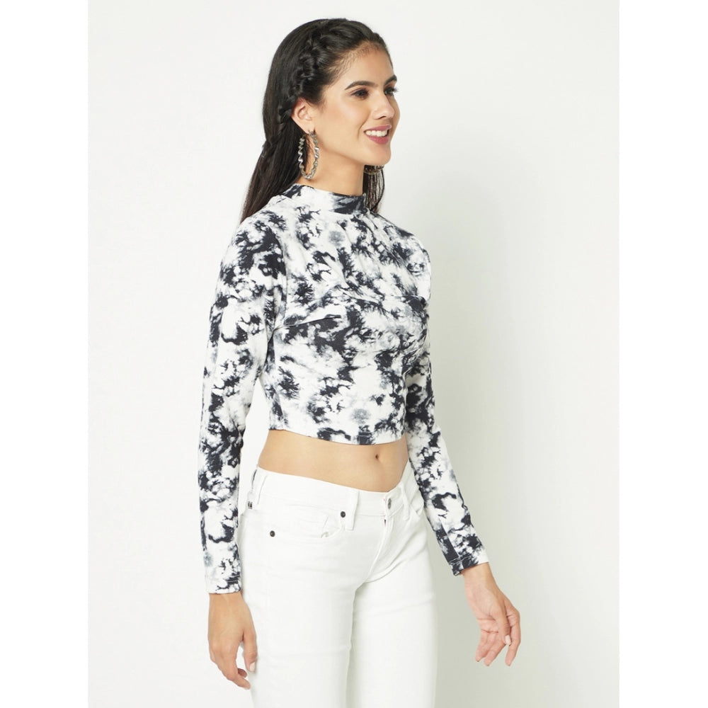 Women's Polyester Self Design Regular Sleeves Round Neck Crop Top (White-Black) - GillKart