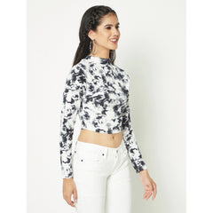 Women's Polyester Self Design Regular Sleeves Round Neck Crop Top (White-Black) - GillKart