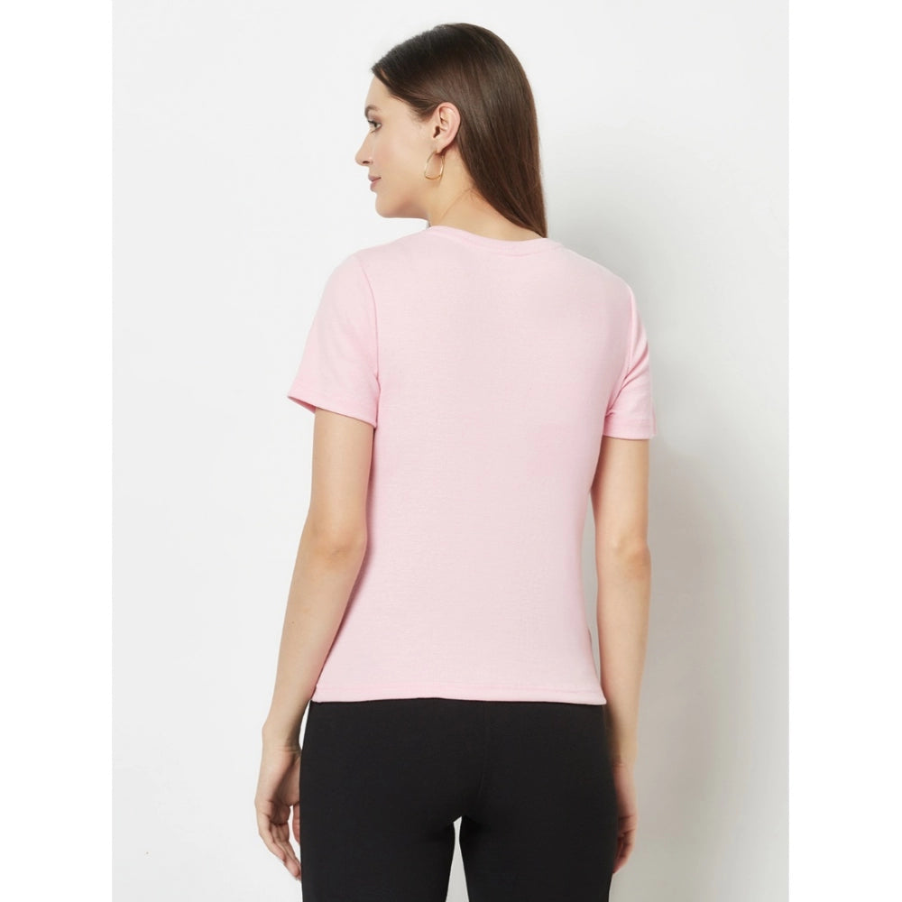 Women's Cotton Blend Self Design Regular Sleeves V-Neck Regular Top (Pink) - GillKart