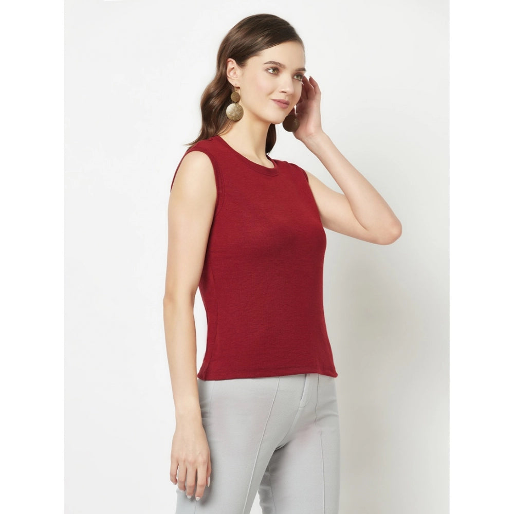 Women's Cotton Blend Solid Sleeveless Round Neck Regular Top (Maroon) - GillKart