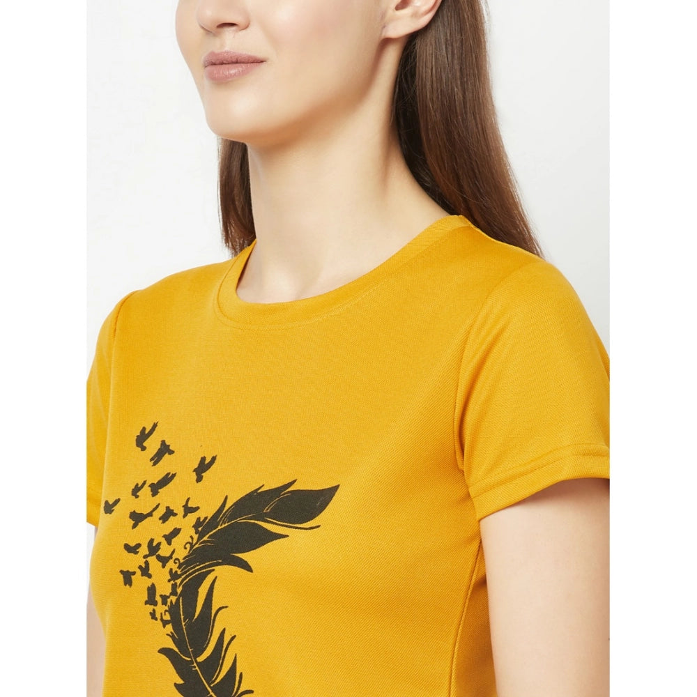 Women's Cotton Blend Printed Regular Sleeves Round Neck Regular Top (Yellow) - GillKart