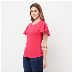 Women's Cotton Blend Solid Bell Sleeves Round Neck Regular Top (Pink) - GillKart