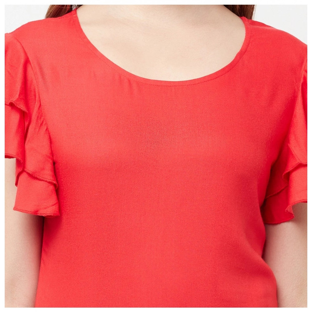 Women's Cotton Blend Solid Bell Sleeves Round Neck Regular Top (Red) - GillKart