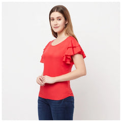 Women's Cotton Blend Solid Bell Sleeves Round Neck Regular Top (Red) - GillKart