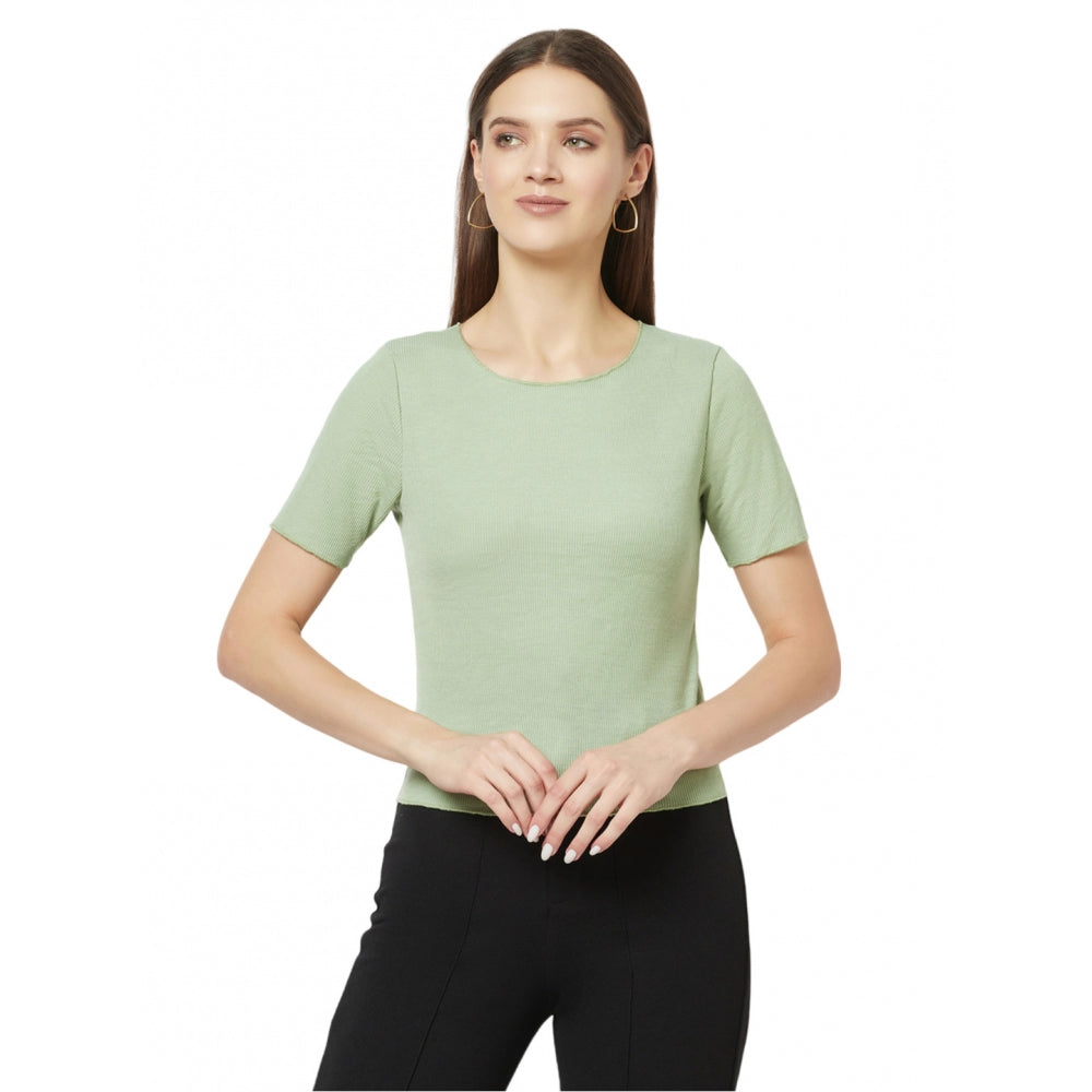 Women's Cotton Blend Solid Regular Sleeves Round Neck Regular Top (Light-Green)