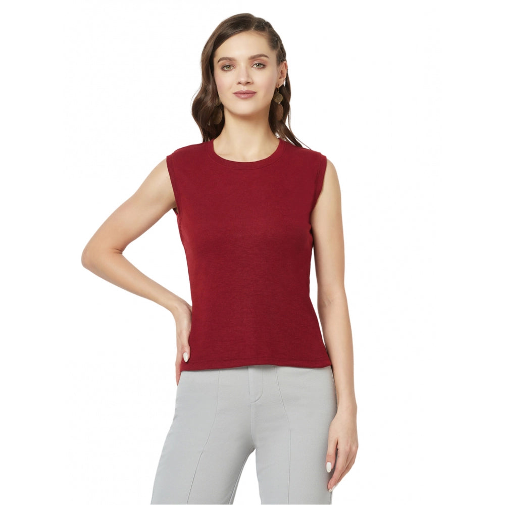 Women's Cotton Blend Solid Sleeveless Round Neck Regular Top (Maroon) - GillKart