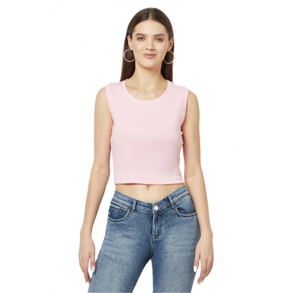 Women's Cotton Blend Solid Sleeveless Round Neck Regular Top (Pink) - GillKart