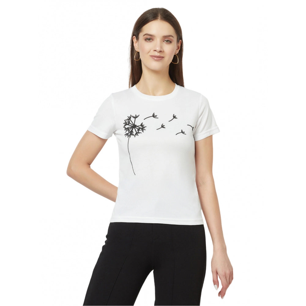 Women's Cotton Blend Printed Regular Sleeves Round Neck Regular Top (White) - GillKart