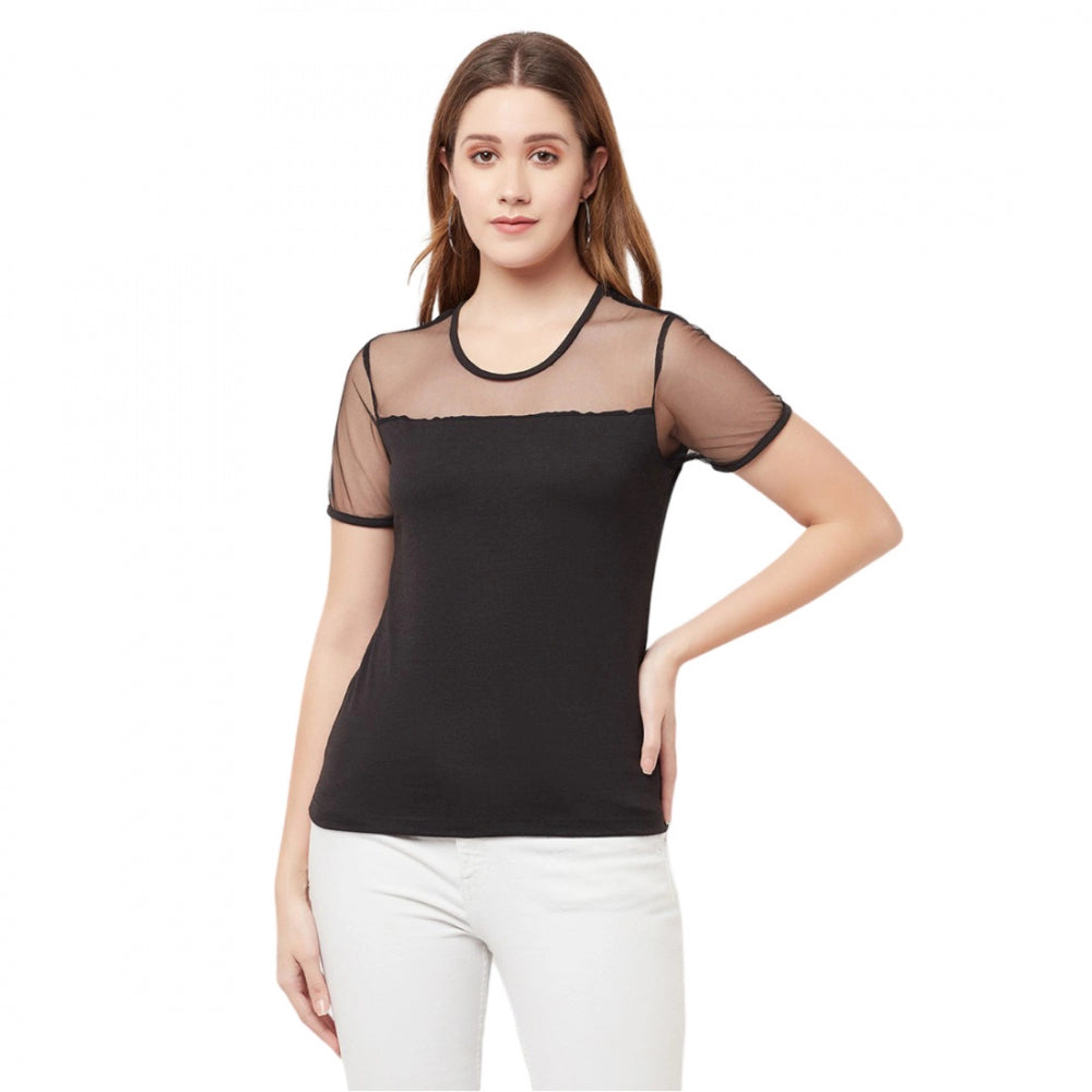 Women's Cotton Blend Solid Regular Sleeves Round Neck Regular Top (Black) - GillKart