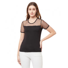 Women's Cotton Blend Solid Regular Sleeves Round Neck Regular Top (Black) - GillKart