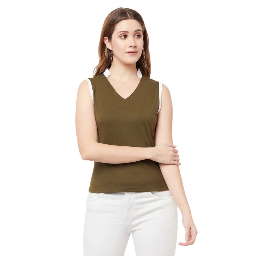 Women's Cotton Blend Color Block Sleeveless V-Neck Regular Top (Green) - GillKart