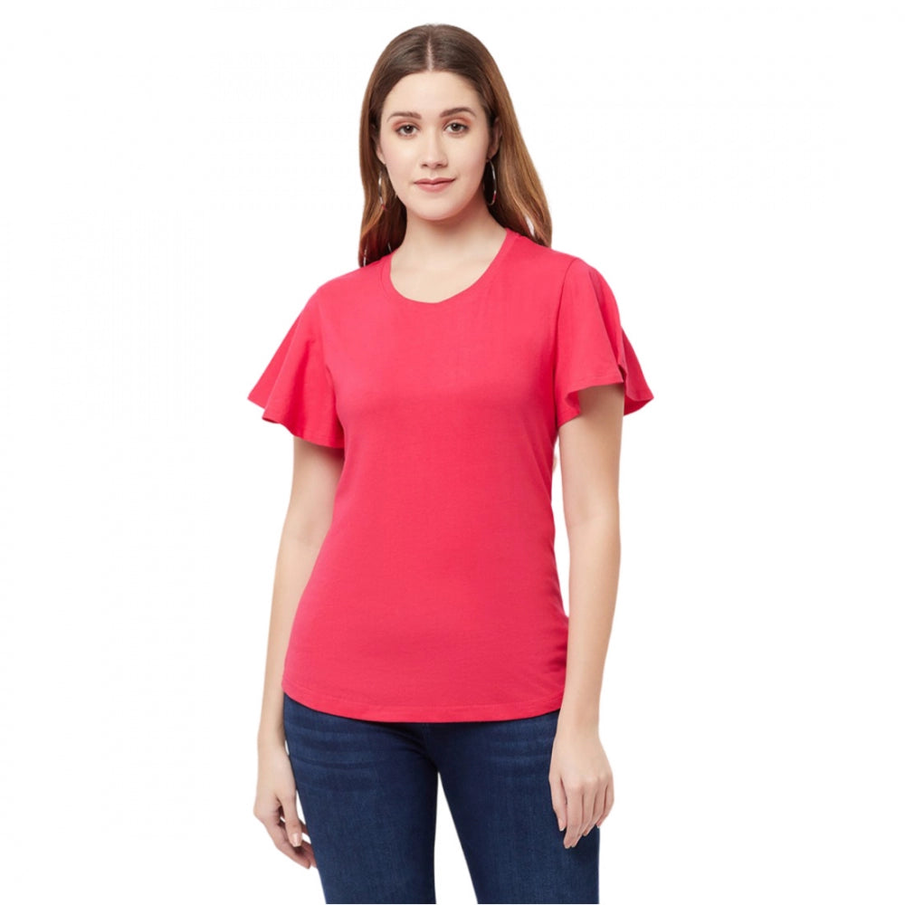 Women's Cotton Blend Solid Bell Sleeves Round Neck Regular Top (Pink) - GillKart