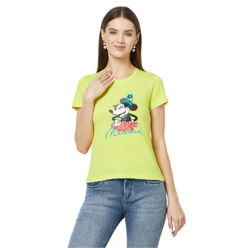 Women's Cotton Blend Printed Regular Sleeves Round Neck Regular Top (Light-Green) - GillKart