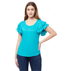 Women's Cotton Blend Solid Bell Sleeves Round Neck Regular Top (Light-Green) - GillKart