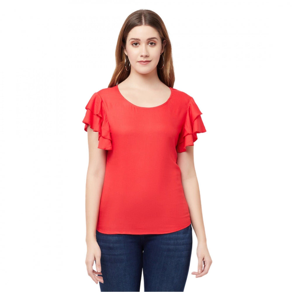 Women's Cotton Blend Solid Bell Sleeves Round Neck Regular Top (Red) - GillKart