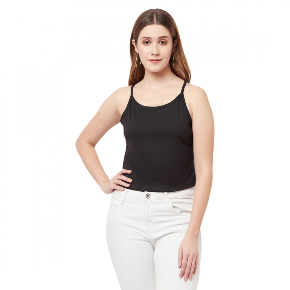 Women's Cotton Blend Solid Noodle Straps Round Neck Regular Top (Black) - GillKart