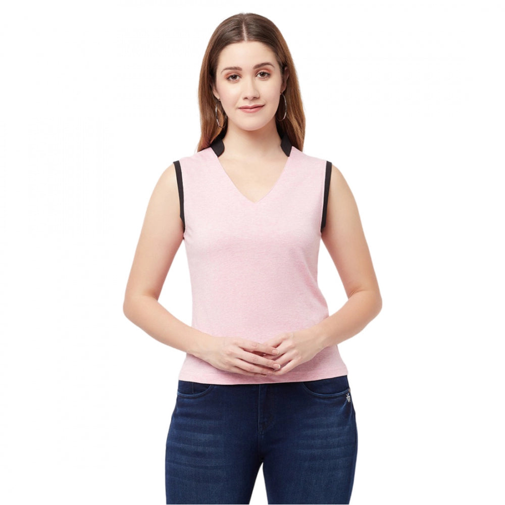 Women's Cotton Blend Color Block Sleeveless V-Neck Regular Top (Pink) - GillKart