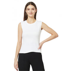 Women's Cotton Blend Solid Sleeveless Round Neck Regular Top (White) - GillKart