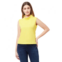 Women's Cotton Blend Solid Sleeveless High Neck Regular Top (Yellow) - GillKart