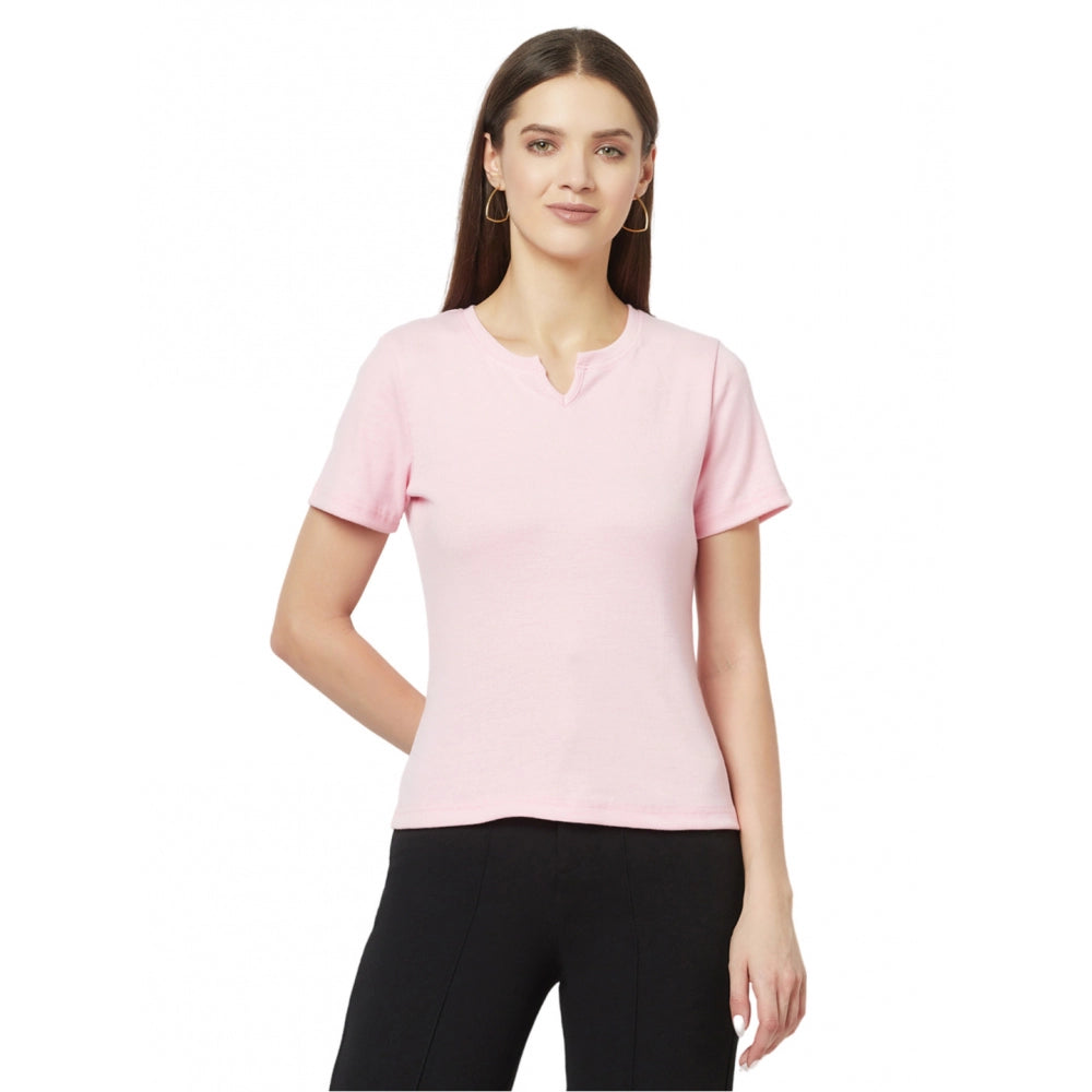 Women's Cotton Blend Self Design Regular Sleeves V-Neck Regular Top (Pink) - GillKart